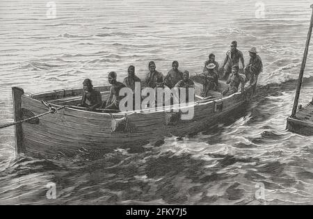 Storia dell'Africa. 19 ° secolo. Pilota-barca a stoppa di una nave a vapore, sul fiume Congo. Incisione. El Congo y la Creación del Estado Independiente de este nombre. Historia de los Trabajos y Exploraciones Verificados (il Congo e la fondazione del suo Stato libero. A Story of Work and Exploration), di Henry M. Stanley. A cura di Barcellona, ca.1890. Spagna. Foto Stock