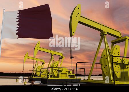 Bella estrazione di olio di zucca e cielo nuvoloso al tramonto con la bandiera del Qatar. Foto Stock