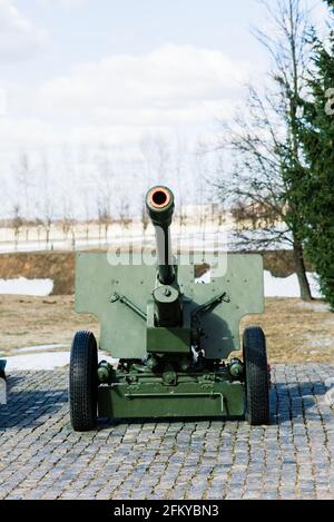 Vista dei cannoni e degli uleggiatori russi nel parco. Museo militare all'aperto Foto Stock