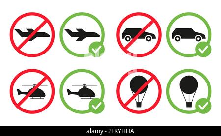 Sono consentiti diversi tipi di trasporto e sono vietate le illustrazioni piatte vettoriali isolate su sfondo bianco. Aereo, auto, mongolfiera ed elicottero in cerchio rosso e in cerchio verde. Illustrazione Vettoriale