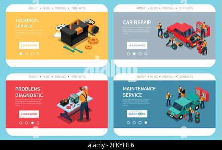 Riparazione auto problema di manutenzione ricambi diagnostici sostituzione assistenza tecnica 4 colorful isometric composizioni disegno di web site illustrazione vettoriale Illustrazione Vettoriale