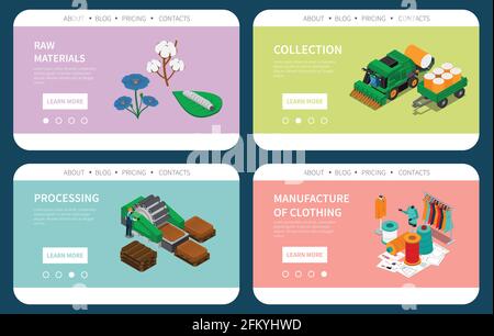 Industria tessile raccolta materie prime lavorazione tessile abbigliamento 4 colorful isometric composizioni disegno sito web illustratio vettore Illustrazione Vettoriale