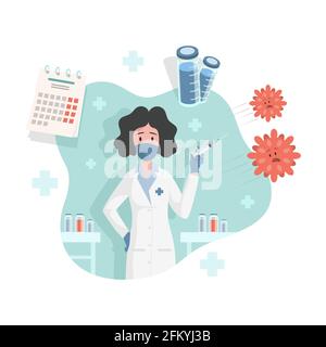 Medico femminile o infermiere in accappatoio medico e maschera facciale protettiva contenente siringa con vaccino contro Coronavirus Covid-19 vettore immagine piatta. Vaccinazione da virus e malattie pericolose. Illustrazione Vettoriale