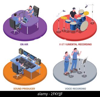 Icone concettuali di radio studio impostate con simboli di registrazione vocale isometrici illustrazione vettoriale isolata Illustrazione Vettoriale