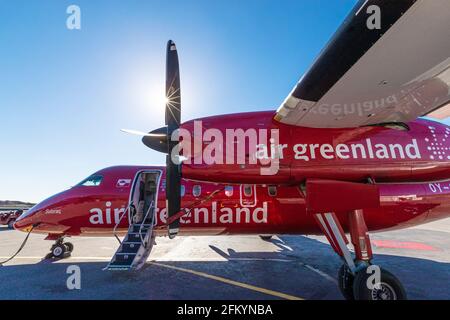 Aereo da Nuuk, o Godthåb, la capitale e la più grande città della Groenlandia. Foto Stock