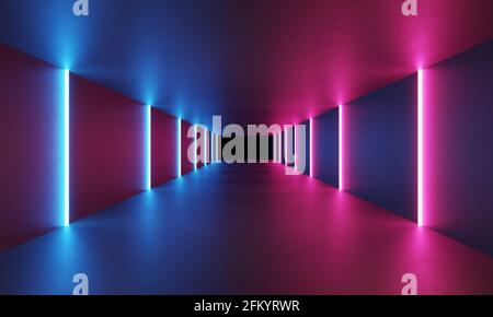 Rendering 3D di neon futuristico fantascientifico astratto blu e viola forme chiare Foto Stock