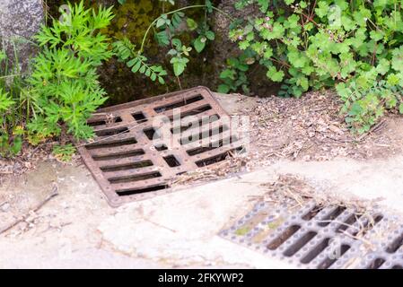 Tempesta griglie sulla strada del villaggio. Griglie metalliche per la raccolta dell'acqua piovana dalla strada. Foto Stock