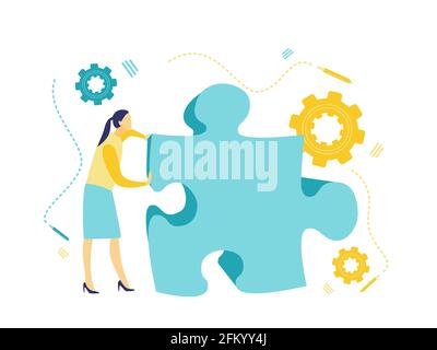 Illustrazione piatta di una donna di affari che spinge i pezzi del puzzle. Illustrazione semplice con i colori blu e giallo. Concetti di business e finanza. Illustrazione Vettoriale