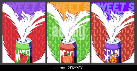 Poster di bibite dolci, bevande a base di frutta fredda. Melone frizzante, fibbio di mare e bevanda di pesca in lattine di alluminio. Poster vettoriale con cartoni animati con limonata in lattine di metallo con spruzzi bianchi Illustrazione Vettoriale