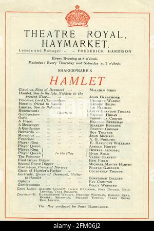 Pagina interna dal programma teatrale per JOHN BARRYMORE come Hamlet, Principe di Danimarca nella produzione londinese DI HAMLET del 1925 di William Shakespeare diretta da John Barrymore al Theatre Royal, Haymarket Foto Stock