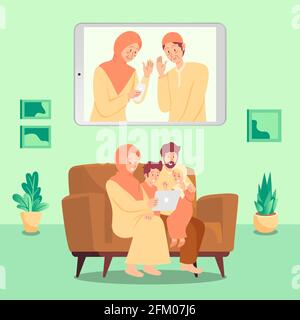 Famiglia musulmana che benedice Eid mubarak ai nonni attraverso lo smartphone Schermi che utilizzano la videochiamata durante la pandemia di Covid-19 Illustrazione Vettoriale