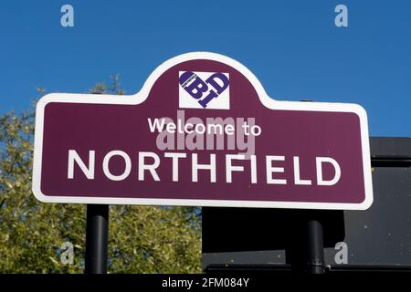 Benvenuto al cartello Northfield, Birmingham, West Midlands, Inghilterra, Regno Unito Foto Stock