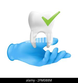 Mano dentista che indossa guanto chirurgico protettivo blu che tiene un modello ceramico del dente. illustrazione vettoriale 3d realistica del concetto di controllo dentale iso Illustrazione Vettoriale