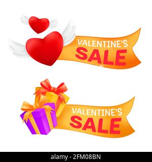 Set di banner di vendita marketing o etichette promozionali su San Valentino Festa con cuore volante con ali d'angelo e regalo nastro dorato in scatola iso Illustrazione Vettoriale