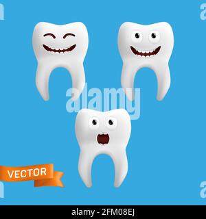 Una serie di simpatici personaggi dentali con diverse espressioni facciali. Raccolta vettoriale di emoji dentali isolate su sfondo blu. Icone divertenti per chi Illustrazione Vettoriale