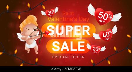 San Valentino offerta speciale flyer modello orizzontale o pubblicità super vendita banner design. Illustrazione vettoriale del cupido di puntamento e del volo Illustrazione Vettoriale