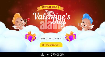 Buon giorno di San Valentino offerta speciale landing page modello o banner promozione super vendita. Illustrazione vettoriale di sorridere e puntare piccoli cupidi con Illustrazione Vettoriale