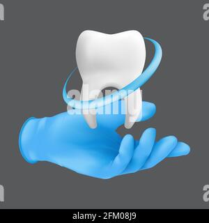 Mano dentista che indossa guanto chirurgico protettivo blu che tiene un modello ceramico del dente. illustrazione vettoriale 3d realistica del concetto di sbiancamento dei denti Illustrazione Vettoriale