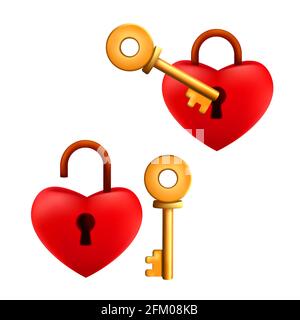Set di lucchetto rosso a forma di cuore a forma di cartoni animati bloccati e sbloccati con chiave dorata isolata su sfondo bianco Illustrazione Vettoriale