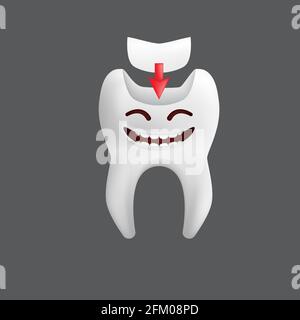 Un dente sorridente con un ripieno. Carattere carino con espressione facciale. Icona divertente per il design dei bambini. illustrazione vettoriale 3d realistica di una ce dentale Illustrazione Vettoriale