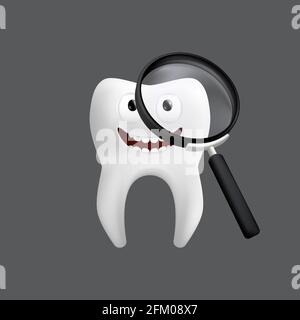 Un dente sorridente con una lente d'ingrandimento. Carattere carino con espressione facciale. Icona divertente per il design dei bambini. illustrazione vettoriale 3d realistica di a. Illustrazione Vettoriale