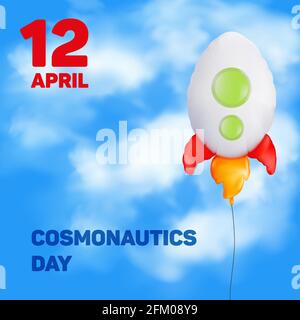 Biglietto d'auguri per il 12 aprile Cosmonautics Day. Illustrazione vettoriale alla giornata internazionale del primo volo spaziale umano con palloncino volante nel for Illustrazione Vettoriale
