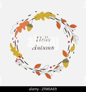 Foglie d'autunno cornice arrotondata, cerchio di foglia di quercia disegnata a mano, segnalatori, rami, bacca, linea piatta sottile design, sfondo wreath colorato modificabile Illustrazione Vettoriale