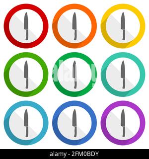Icone vettoriali kinfe da cucina, set di pulsanti colorati a design piatto per applicazioni di webdesign e mobili Illustrazione Vettoriale