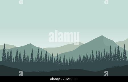 Vista sulle montagne con foresta mattutina realistica dalla periferia della città. Illustrazione vettoriale di una città Illustrazione Vettoriale
