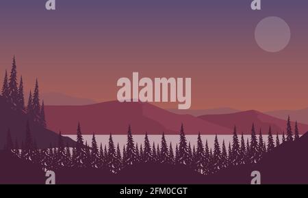 Vista sulle montagne con foresta realistica dalla riva del fiume al tramonto. Illustrazione vettoriale di una città Illustrazione Vettoriale