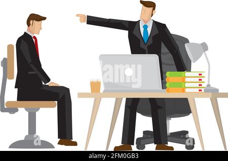 Uomo d'affari ottiene scolding dal suo capo. Concetto di politica aziendale, fallimento aziendale o errore di lavoro. Illustrazione vettoriale in backgro bianco isolato Illustrazione Vettoriale