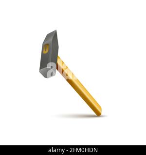 Martello realistico con manico in legno isolato su sfondo bianco. Illustrazione vettoriale. Illustrazione Vettoriale