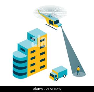 elicottero in vista isometrica con uomo e auto Illustrazione Vettoriale