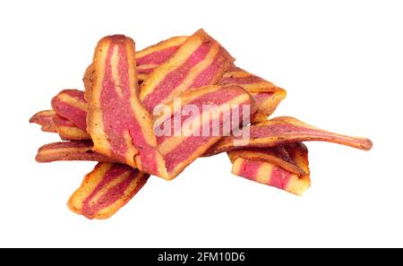 Fritto croccante carne libera pianta a base di rash pancetta isolato su uno sfondo bianco Foto Stock
