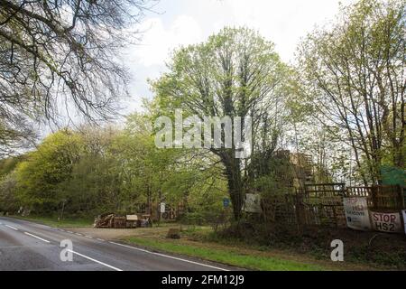 Wendover, Regno Unito. 4 maggio 2021. Vista degli alberi lungo la A413. Grandi aree di terreno sono attualmente in via di eliminazione di alberi e vegetazione intorno a Wendover nel Chilterns AONB in preparazione per il collegamento ferroviario ad alta velocità HS2, con alcuni lavori recentemente in corso dopo il buio. Gli attivisti contrari all'HS2 occupano il campo di resistenza attivo di Wendover (parte del quale è anche raffigurata) accanto all'A413. Credit: Mark Kerrison/Alamy Live News Foto Stock