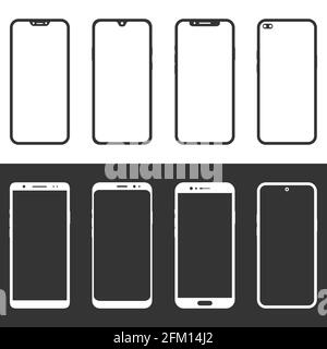 Serie di icone dello smartphone in bianco e nero diverse. Modello di icone per telefoni cellulari semplici. Illustrazione Vettoriale