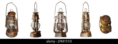 vecchie lanterne di kerosene isolate su sfondo bianco Foto Stock