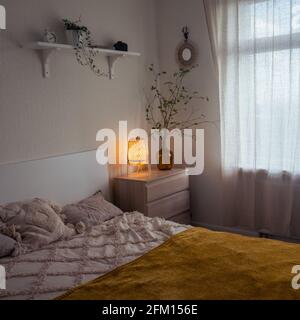 Un letto con una cassettiera nell'appartamento e una luce notturna accanto alla finestra. Piante vive in pentole su un ripiano con un libro e un orologio Foto Stock