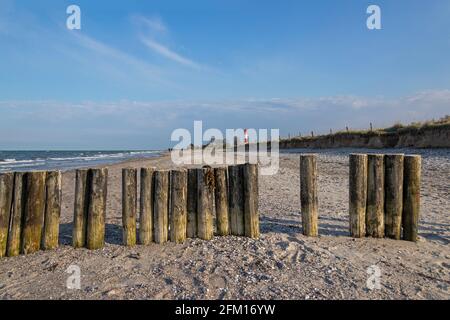 groyne, spiaggia e faro, Falshöft, Gelting Bay, Schleswig-Holstein, Germania Foto Stock