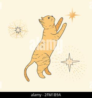 Astrologia sacra del gatto celestiale boho carta d'oro esoterica. Vivaio di arte animale Illustrazione Vettoriale