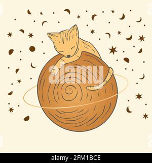 Astrologia sacra del gatto celestiale boho carta d'oro esoterica. Vivaio animale pianeta Saturno. Illustrazione Vettoriale