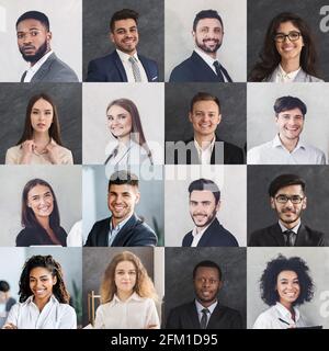 Diverse persone aziendali Ritratti in una fila, sfondi grigi, Collage Foto Stock