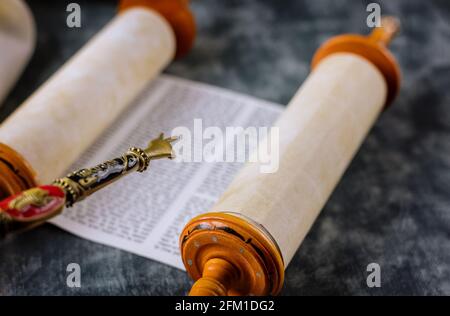 La lettura di un rotolo di Torah durante un bar mitzvà cerimonia con un tradizionale yad rivolta verso il testo su pergamena. Foto Stock