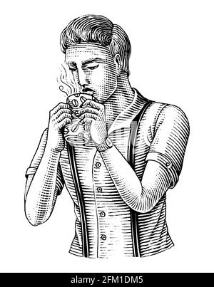 Uomo che tiene la tazza di caffè e beve il caffè tirano a mano annata clip art in bianco e nero isolato su bianco sfondo Illustrazione Vettoriale