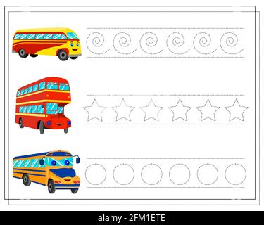 Foglio di pratica di scrittura a mano. , ripristinare la linea tratteggiata, cartoon bus con gli occhi e sorriso di colore rosso e giallo. Illustrazione Vettoriale