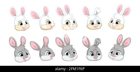 Set di simpatici teste di conigli bianchi e grigi cartoni animati. Illustrazione vettoriale isolata. Per cartoline, poster, design per vivai, biglietti d'auguri, adesivi, camera d Illustrazione Vettoriale