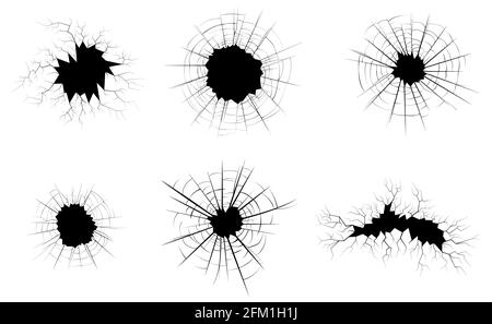 Vetro rotto, incrinature su vetro isolato su fondo bianco. Foro per proiettile. Illustrazione monocromatica nera. Illustrazione Vettoriale