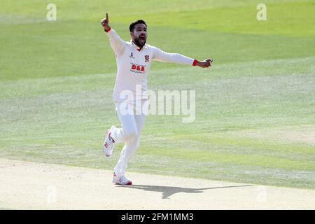 Mohammad Amir di Essex celebra la presa del wicket di Ollie Rayner durante Kent CCC vs Essex CCC, Specsavers County Championship Division 1 Cricket a. Foto Stock