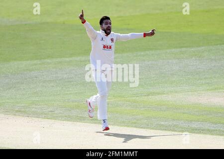 Mohammad Amir di Essex celebra la presa del wicket di Ollie Rayner durante Kent CCC vs Essex CCC, Specsavers County Championship Division 1 Cricket a. Foto Stock