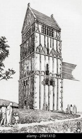 La torre di tutti i Santi Chiesa, Earls Barton, Northamptonshire, Inghilterra. Da Everday Life in Anglo-Saxon, Viking e Norman Times, pubblicato nel 1926. Foto Stock